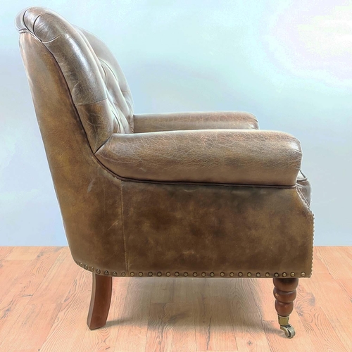 156 - ARMCHAIR, tan button back leather upholstered, studded detail, 80cm x 80cm x 95cm.