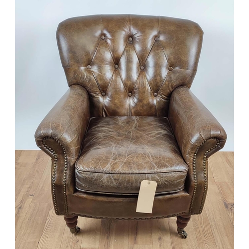 156 - ARMCHAIR, tan button back leather upholstered, studded detail, 80cm x 80cm x 95cm.