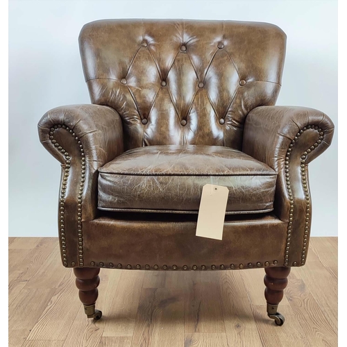 156 - ARMCHAIR, tan button back leather upholstered, studded detail, 80cm x 80cm x 95cm.