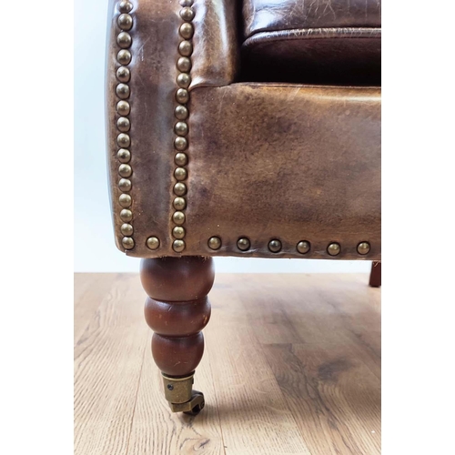 156 - ARMCHAIR, tan button back leather upholstered, studded detail, 80cm x 80cm x 95cm.