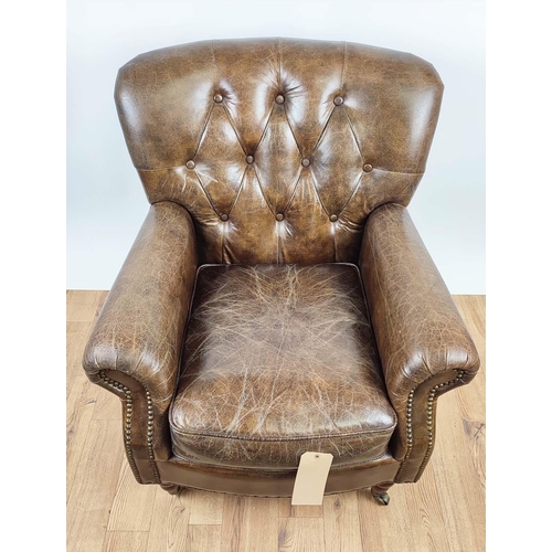 156 - ARMCHAIR, tan button back leather upholstered, studded detail, 80cm x 80cm x 95cm.