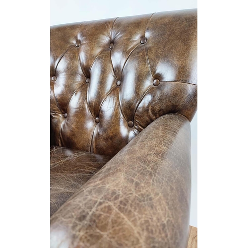 156 - ARMCHAIR, tan button back leather upholstered, studded detail, 80cm x 80cm x 95cm.