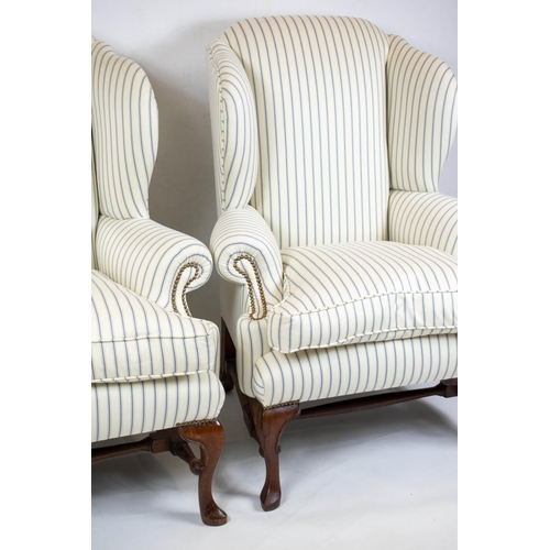 158 - WING ARMCHAIRS, 117cm H x 89cm, a pair, Queen Anne style in ticking upholstery. (2)