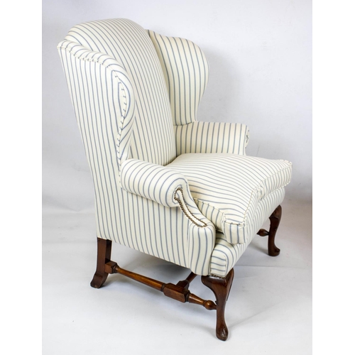 158 - WING ARMCHAIRS, 117cm H x 89cm, a pair, Queen Anne style in ticking upholstery. (2)