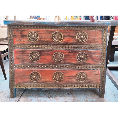 163 - CHEST, 105cm W x 46cm H x 86cm H, with three drawers in a paint wash finish, with embossed metal det... 