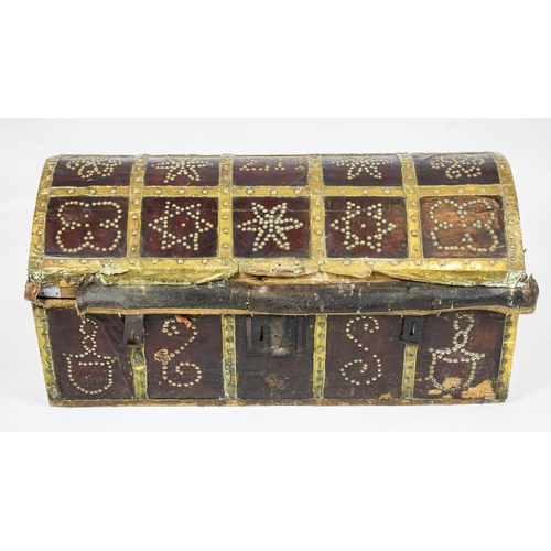 171 - TRUNK, 44cm H x 92cm W x 47cm D, 18th century Spanish leather, brass bound and studded with iron han... 