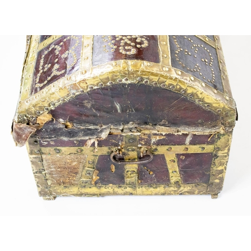 171 - TRUNK, 44cm H x 92cm W x 47cm D, 18th century Spanish leather, brass bound and studded with iron han... 