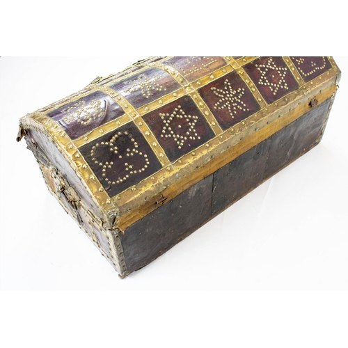 171 - TRUNK, 44cm H x 92cm W x 47cm D, 18th century Spanish leather, brass bound and studded with iron han... 