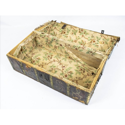 171 - TRUNK, 44cm H x 92cm W x 47cm D, 18th century Spanish leather, brass bound and studded with iron han... 