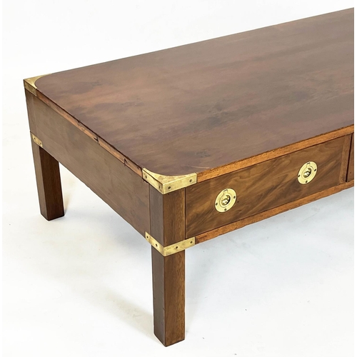 135 - CAMPAIGN STYLE LOW TABLE, 35cm H x 122cm W x 59cm D, yewwood and brass bound with three real drawers... 