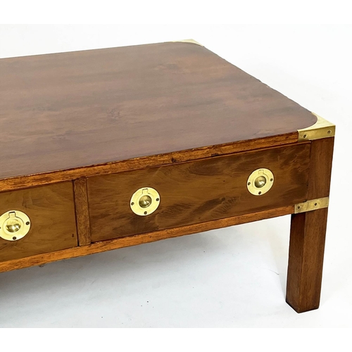 135 - CAMPAIGN STYLE LOW TABLE, 35cm H x 122cm W x 59cm D, yewwood and brass bound with three real drawers... 