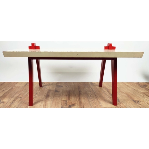 178 - LOW TABLE, 1950's painted plywood top with pegged legs, 110cm L x 58cm x 47cm H.