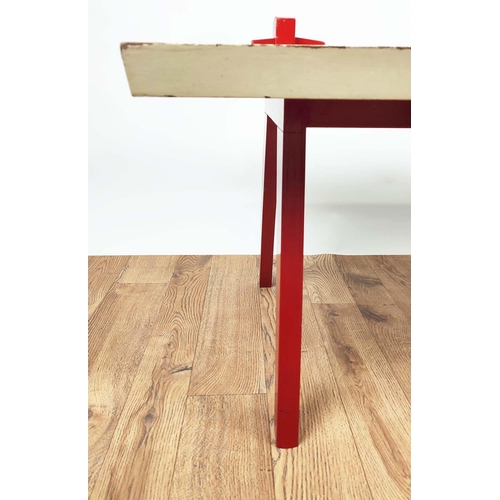 178 - LOW TABLE, 1950's painted plywood top with pegged legs, 110cm L x 58cm x 47cm H.