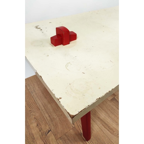 178 - LOW TABLE, 1950's painted plywood top with pegged legs, 110cm L x 58cm x 47cm H.