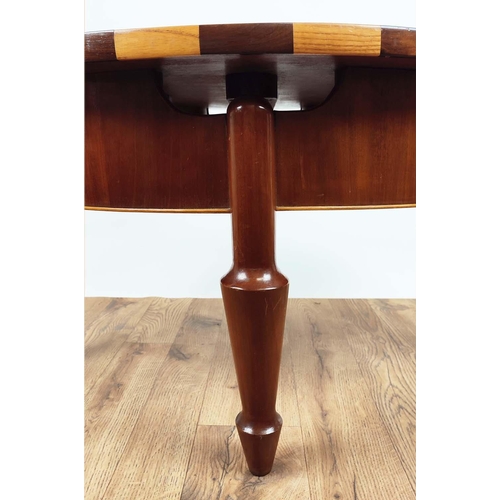 179 - LOW TABLE, oval top mahogany with ash and ebony inlay and shaped supports, 93cm L x 60cm x 48cm H.