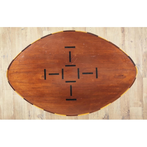 179 - LOW TABLE, oval top mahogany with ash and ebony inlay and shaped supports, 93cm L x 60cm x 48cm H.