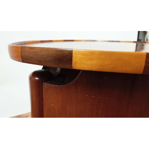 179 - LOW TABLE, oval top mahogany with ash and ebony inlay and shaped supports, 93cm L x 60cm x 48cm H.