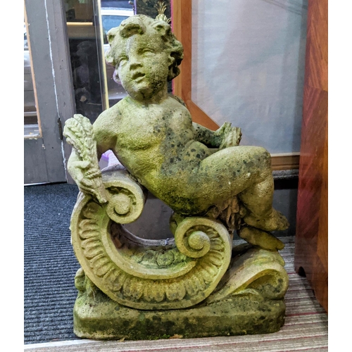 184 - GARDEN ORNAMENTS, a pair, each 79cm H, cherubs in reconstituted stone. (2)