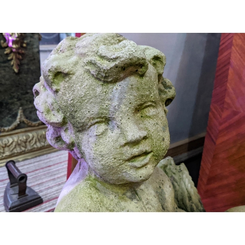 184 - GARDEN ORNAMENTS, a pair, each 79cm H, cherubs in reconstituted stone. (2)