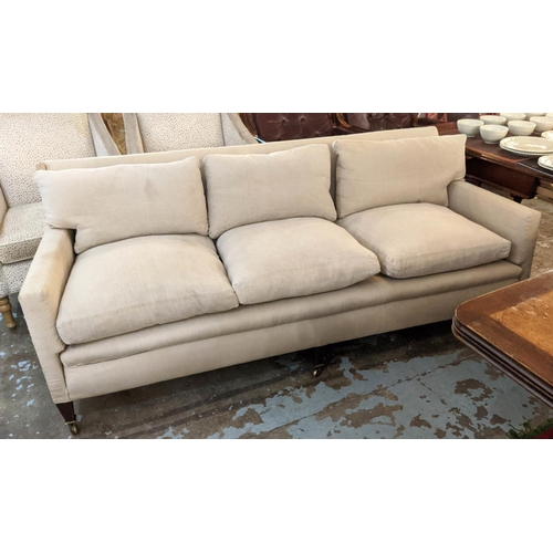 185 - SOFA, 197cm x 90cm, Edwardian in a linen fabric with square tapering supports and castors.