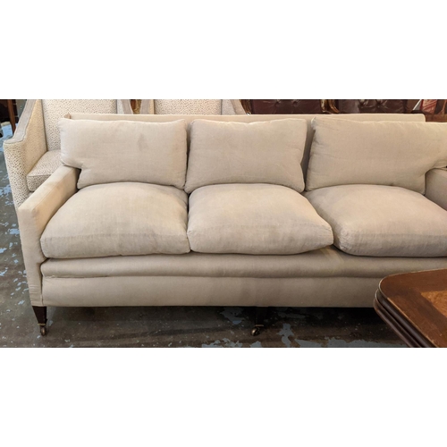 185 - SOFA, 197cm x 90cm, Edwardian in a linen fabric with square tapering supports and castors.