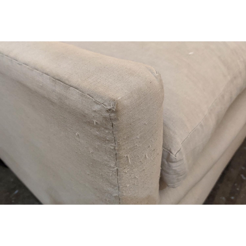 185 - SOFA, 197cm x 90cm, Edwardian in a linen fabric with square tapering supports and castors.