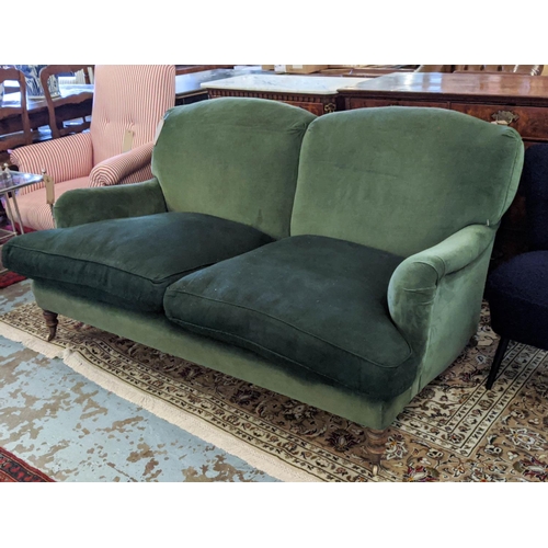 186 - SOFA, 170cm W, Howard style probably by George Sherlock, in green velvet, seat cushions in contrasti... 