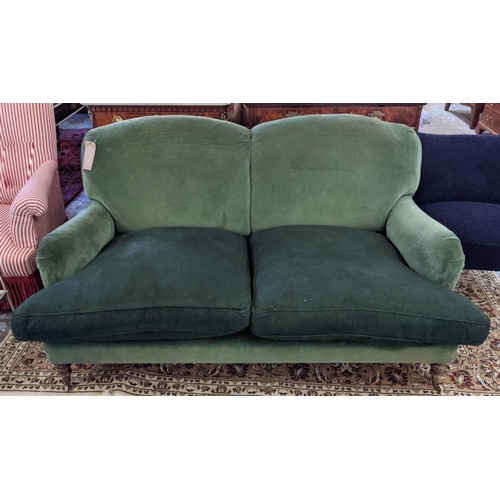 186 - SOFA, 170cm W, Howard style probably by George Sherlock, in green velvet, seat cushions in contrasti... 