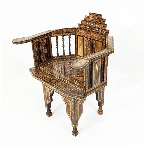 198 - DAMASCAN CHAIR, 66cm W x 83cm H with inlaid detail of recent manufacture.