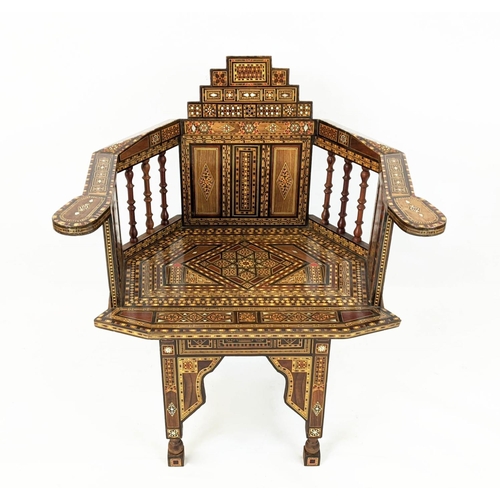 198 - DAMASCAN CHAIR, 66cm W x 83cm H with inlaid detail of recent manufacture.