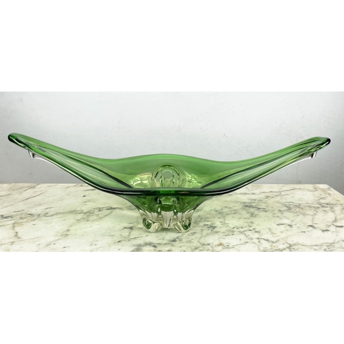 2 - STUDIO GLASS CENTER PIECES, two, one green one clear glass, largest 62cm L. (2)