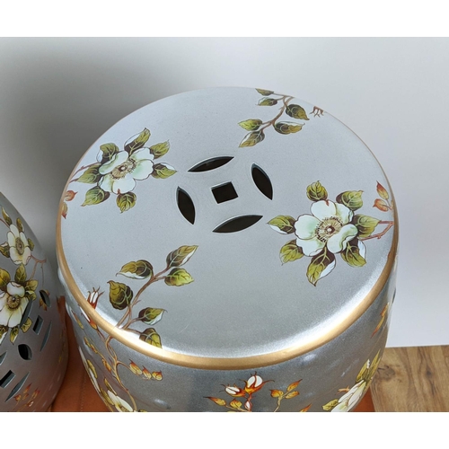 208 - BARREL STOOLS, a pair, glazed ceramic 46cm x 32cm approx. (2)