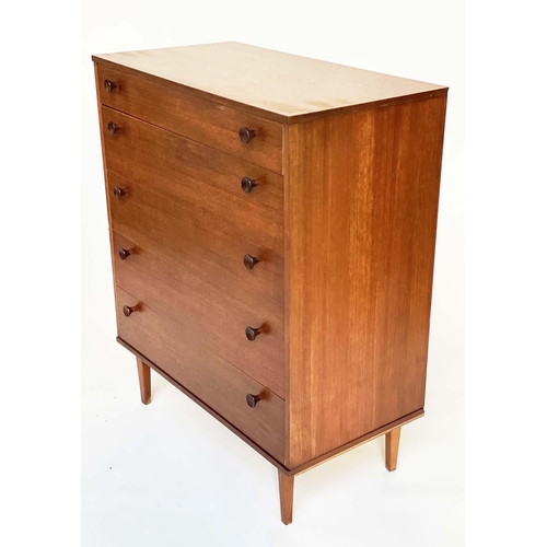 285 - CHEST BY AVALON, mod 20th century teak, with five long drawers, raised upon square tapering supports... 