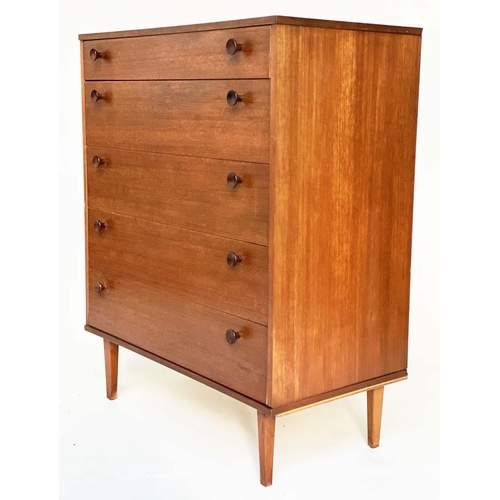 285 - CHEST BY AVALON, mod 20th century teak, with five long drawers, raised upon square tapering supports... 