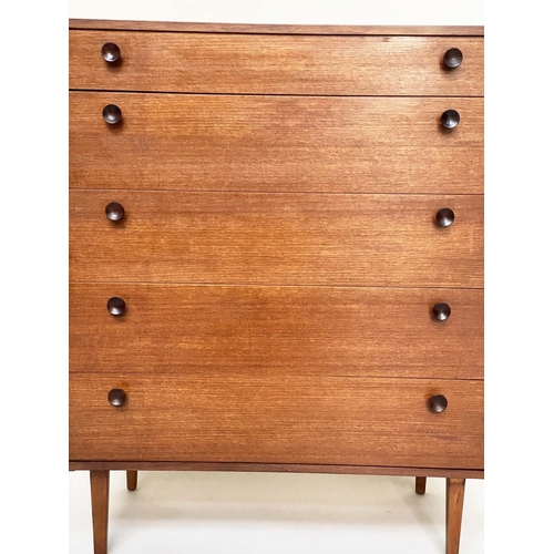 285 - CHEST BY AVALON, mod 20th century teak, with five long drawers, raised upon square tapering supports... 