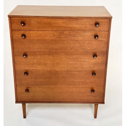 285 - CHEST BY AVALON, mod 20th century teak, with five long drawers, raised upon square tapering supports... 