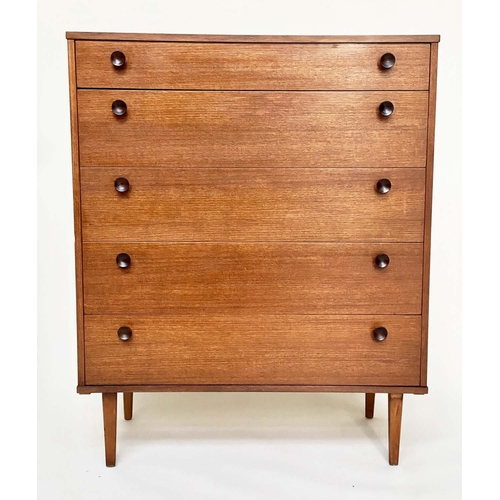 285 - CHEST BY AVALON, mod 20th century teak, with five long drawers, raised upon square tapering supports... 