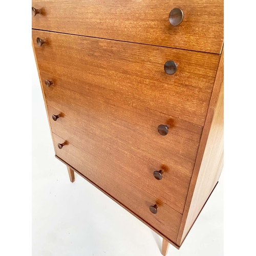 285 - CHEST BY AVALON, mod 20th century teak, with five long drawers, raised upon square tapering supports... 