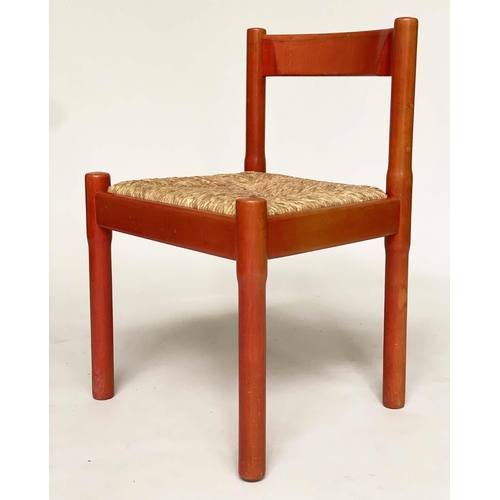 291 - CARIMATE CHAIRS BY VICO MAGISTRETTI, a set of six, 1960s red lacquered with drop in rush seats, 51cm... 