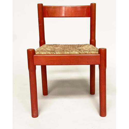 291 - CARIMATE CHAIRS BY VICO MAGISTRETTI, a set of six, 1960s red lacquered with drop in rush seats, 51cm... 