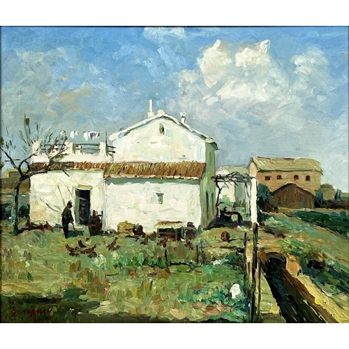 33 - G NORMAN (20th century school), 'Continental farm scene', oil on canvas, 29cm x 39cm, framed.