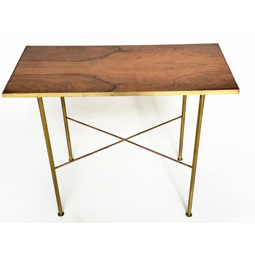 95 - CONSOLE/SIDE TABLE, rectangular rosewood and brass bound on turned x stretchered supports, 92cm W x ... 