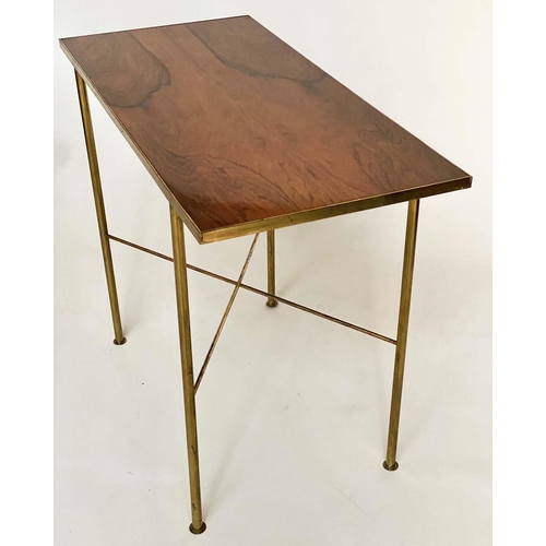 95 - CONSOLE/SIDE TABLE, rectangular rosewood and brass bound on turned x stretchered supports, 92cm W x ... 