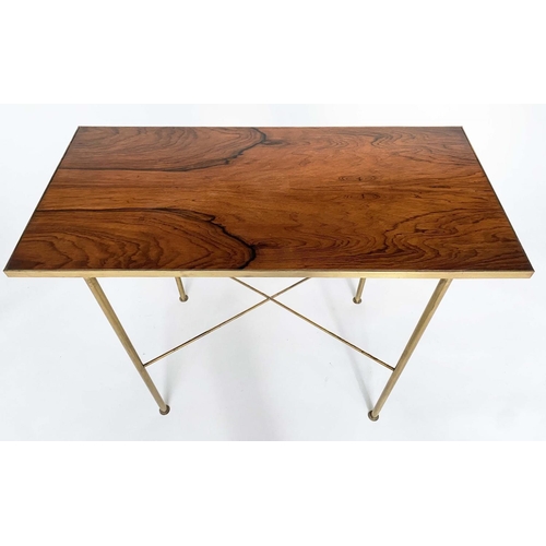 95 - CONSOLE/SIDE TABLE, rectangular rosewood and brass bound on turned x stretchered supports, 92cm W x ... 