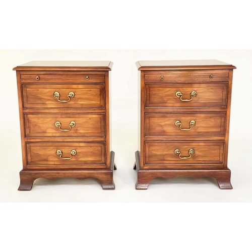 97 - CHESTS, a pair, George III design yewwood, each with brushing slide and three long drawers, 46cm W x... 