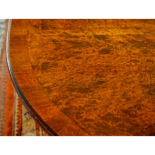 136 - TWIN PEDESTAL DINING TABLE, Regency style burr walnut with extra leaf, brass clips and castors, 76cm... 