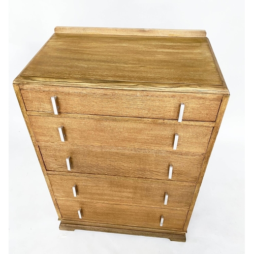 115 - ART DECO CHEST, grained oak with five long drawers, 76cm W x 46cm D x 112cm H.