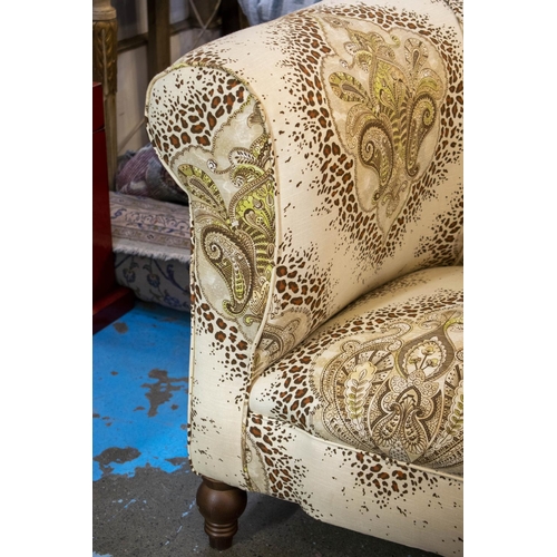 162 - CHESTERFIELD SOFA, 75cm H x 150cm W x 76cm D, cream and brown paisley patterned.