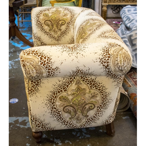 162 - CHESTERFIELD SOFA, 75cm H x 150cm W x 76cm D, cream and brown paisley patterned.