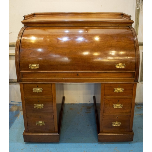 174 - CYLINDER DESK, 102cm H x 107cm W x 70cm D, Victorian walnut with fitted interior, pull out leather l... 